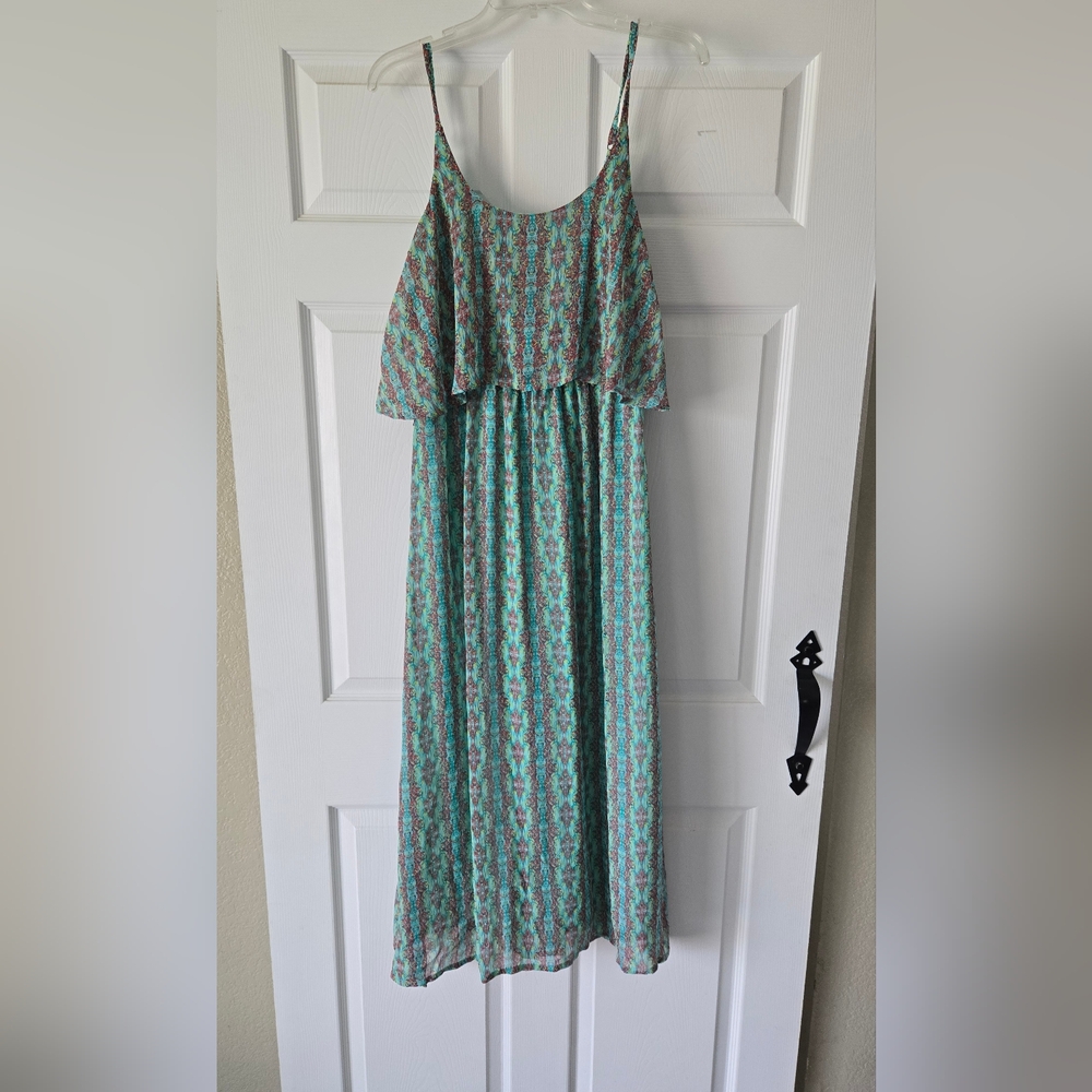 Urban Love Teal Geometric Tribal Print Popover Midi Dress FF FL2372 Womens Small
